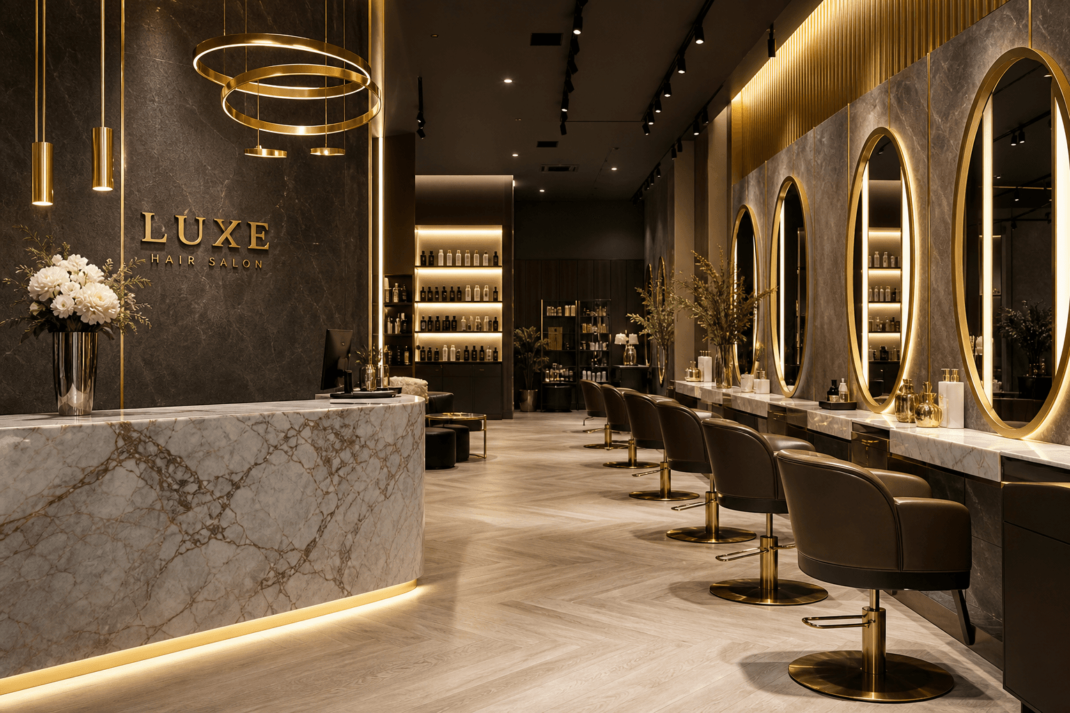 Luxury Maison Céleste hair salon interior with elegant styling stations